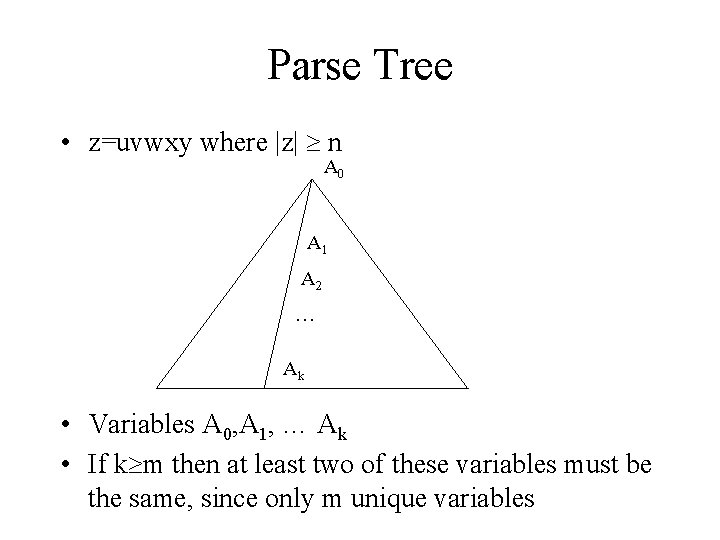 Parse Tree • z=uvwxy where |z| n A 0 A 1 A 2 … Parse Tree • z=uvwxy where |z| n A 0 A 1 A 2 …