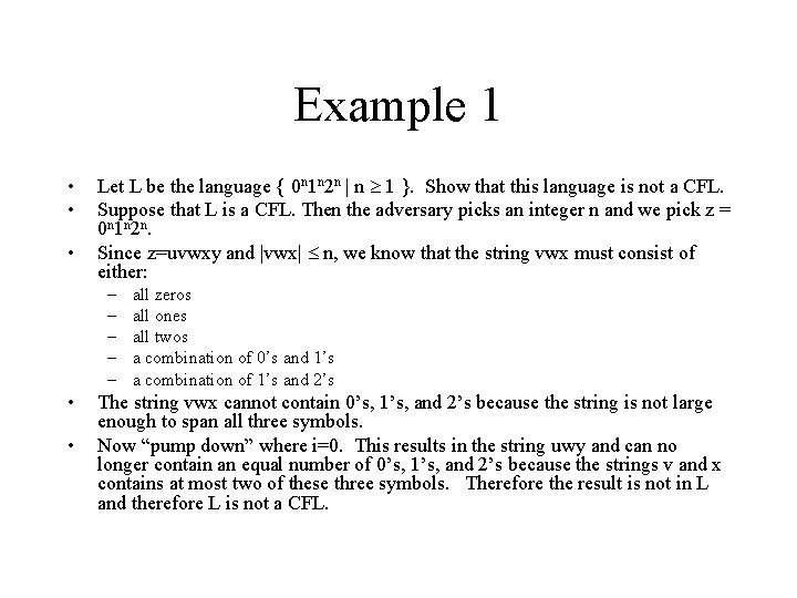 Example 1 • • • Let L be the language { 0 n 1 Example 1 • • • Let L be the language { 0 n 1
