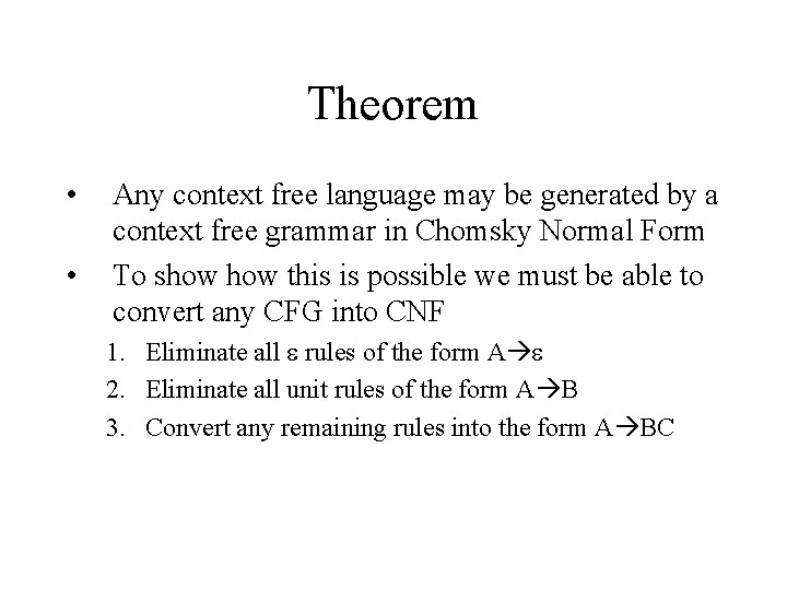 Theorem • • Any context free language may be generated by a context free