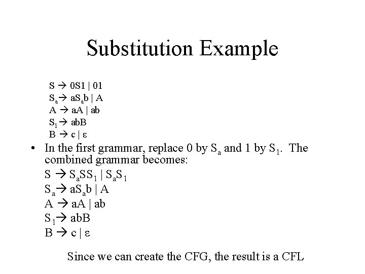 Substitution Example S 0 S 1 | 01 Sa a. Sab | A A Substitution Example S 0 S 1 | 01 Sa a. Sab | A A