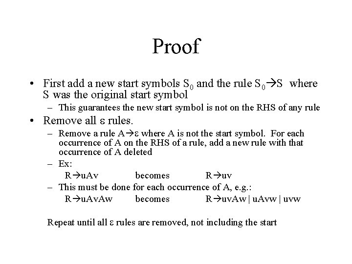 Proof • First add a new start symbols S 0 and the rule S