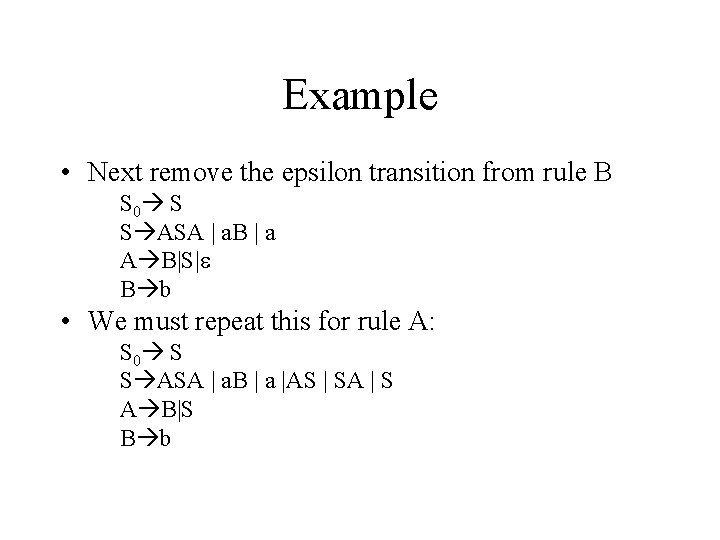 Example • Next remove the epsilon transition from rule B S 0 S S Example • Next remove the epsilon transition from rule B S 0 S S