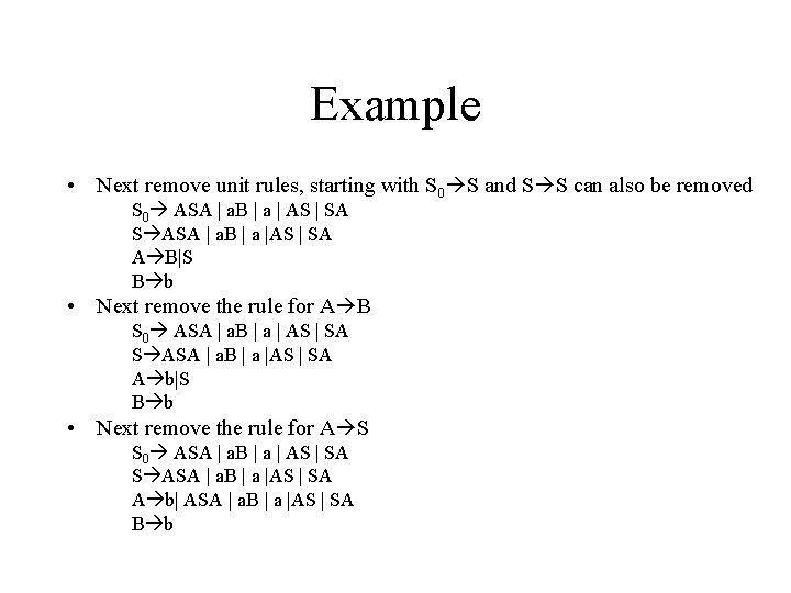 Example • Next remove unit rules, starting with S 0 S and S S