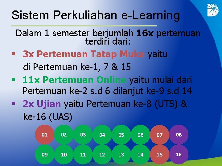Sistem Perkuliahan e-Learning Dalam 1 semester berjumlah 16 x pertemuan terdiri dari: § 3