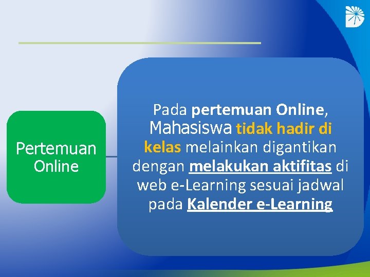 Pertemuan Online Pada pertemuan Online, Mahasiswa tidak hadir di kelas melainkan digantikan dengan melakukan