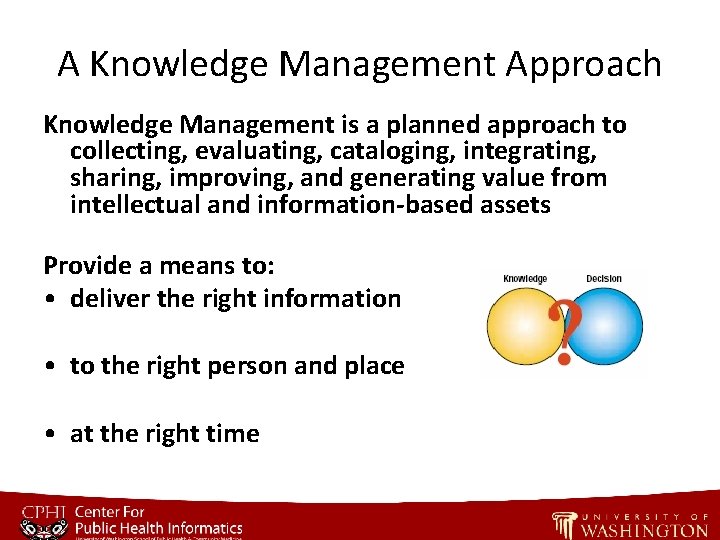 A Knowledge Management Approach Knowledge Management is a planned approach to collecting, evaluating, cataloging,