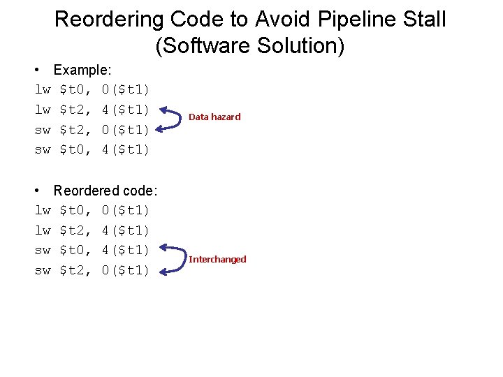 Reordering Code to Avoid Pipeline Stall (Software Solution) • Example: lw $t 0, 0($t