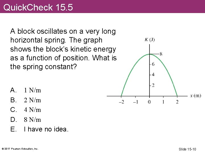 Quick. Check 15. 5 A block oscillates on a very long horizontal spring. The