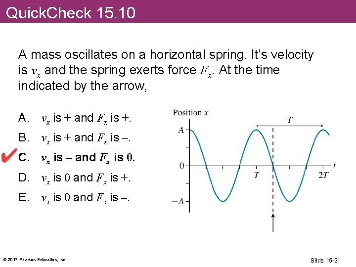 Quick. Check 15. 10 A mass oscillates on a horizontal spring. It’s velocity is