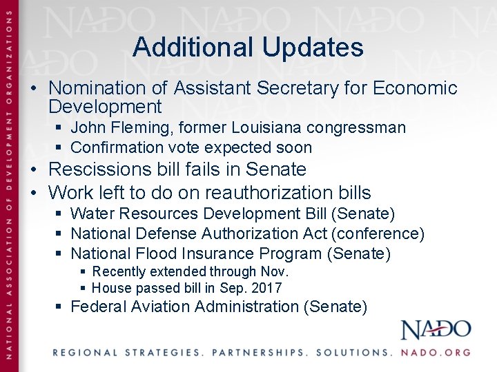 Additional Updates • Nomination of Assistant Secretary for Economic Development § John Fleming, former