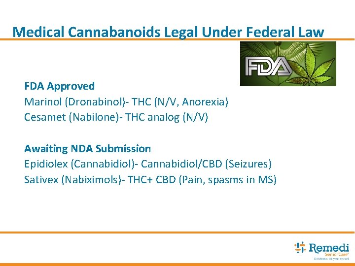 Medical Cannabanoids Legal Under Federal Law FDA Approved Marinol (Dronabinol)- THC (N/V, Anorexia) Cesamet