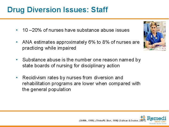 Drug Diversion Issues: Staff • 10 – 20% of nurses have substance abuse issues