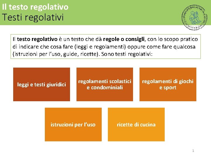 Il testo regolativo Testi regolativi Il testo regolativo è un testo che dà regole