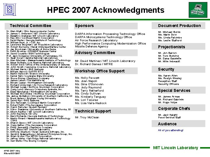 HPEC 2007 Acknowledgments Technical Committee Dr. Stan Ahalt / Ohio Supercomputer Center Dr. James