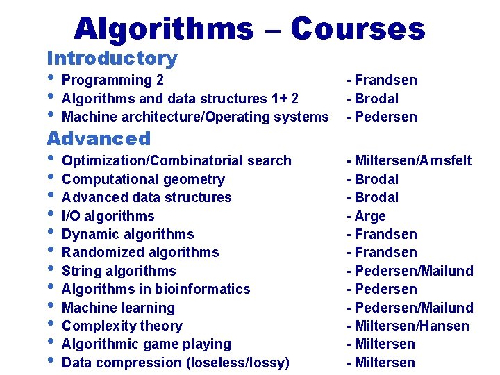 Algorithms – Courses Introductory • • • Programming 2 Algorithms and data structures 1+