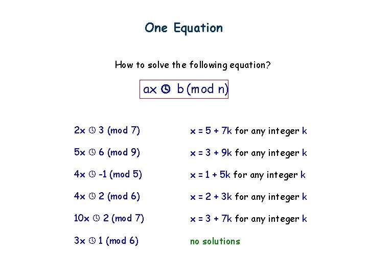One Equation How to solve the following equation? ax b (mod n) 2 x