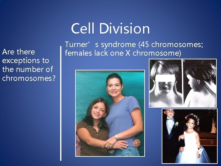 Cell Division Are there exceptions to the number of chromosomes? Turner’s syndrome (45 chromosomes;