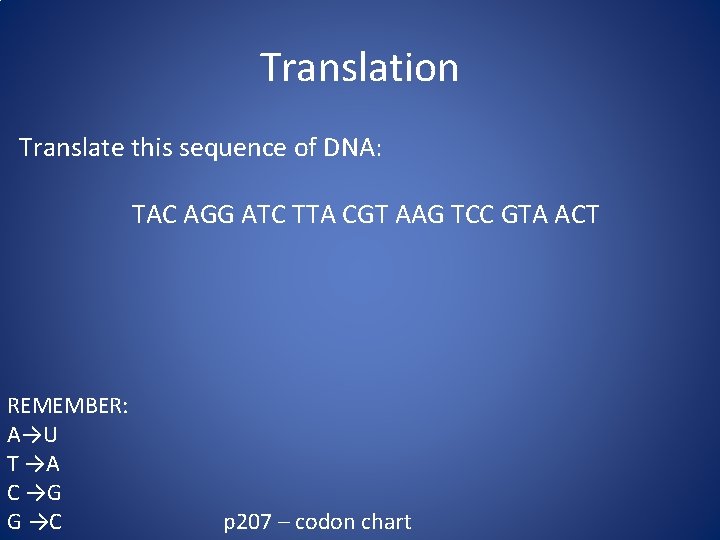 Translation Translate this sequence of DNA: TAC AGG ATC TTA CGT AAG TCC GTA