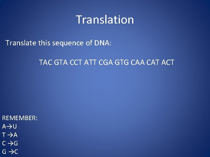 Translation Translate this sequence of DNA: TAC GTA CCT ATT CGA GTG CAA CAT