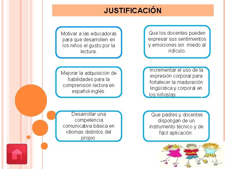 JUSTIFICACIÓN Motivar a las educadoras para que desarrollen en los niños el gusto por