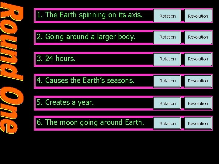 1. The Earth spinning on its axis. Rotation Revolution 2. Going around a larger