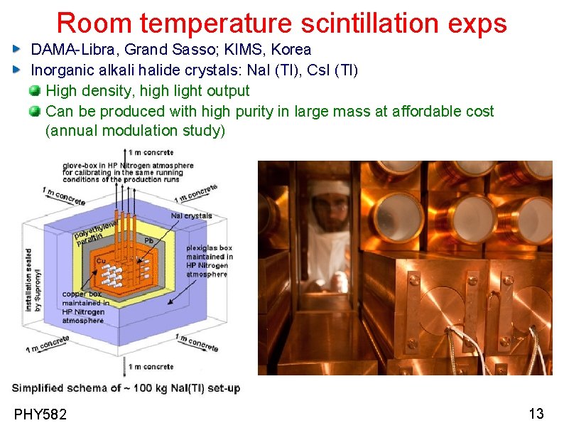 Room temperature scintillation exps DAMA-Libra, Grand Sasso; KIMS, Korea Inorganic alkali halide crystals: Na.