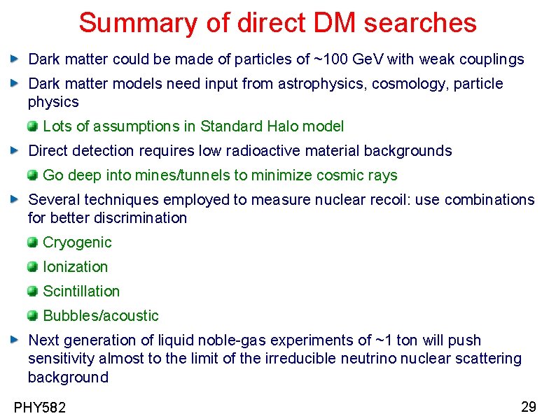 Summary of direct DM searches Dark matter could be made of particles of ~100