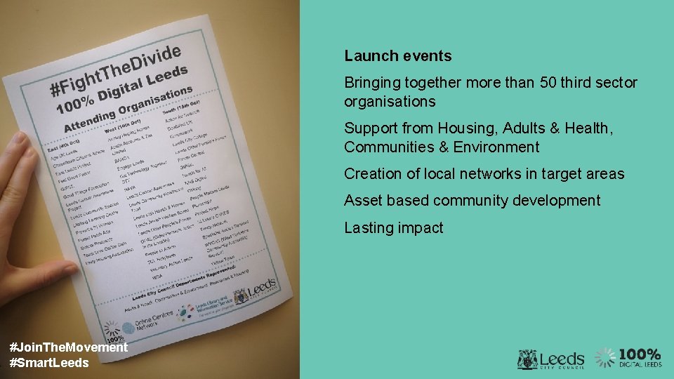 Launch events Bringing together more than 50 third sector organisations Support from Housing, Adults