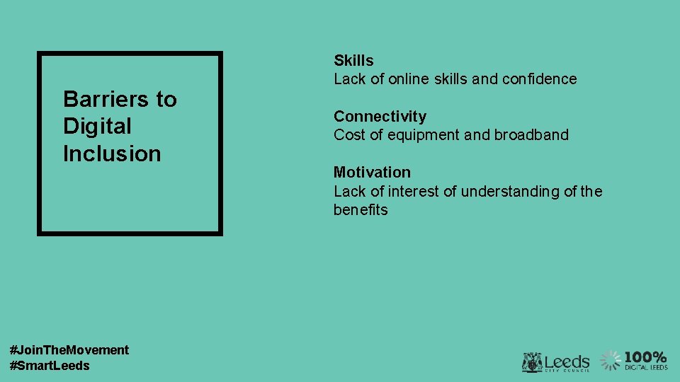 Barriers to Digital Inclusion #Join. The. Movement #Smart. Leeds Skills Lack of online skills