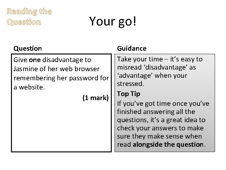 Reading the Question Your go! Question Give one disadvantage to Jasmine of her web