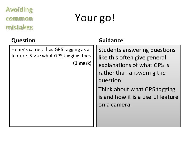 Avoiding common mistakes Your go! Question Guidance Henry’s camera has GPS tagging as a