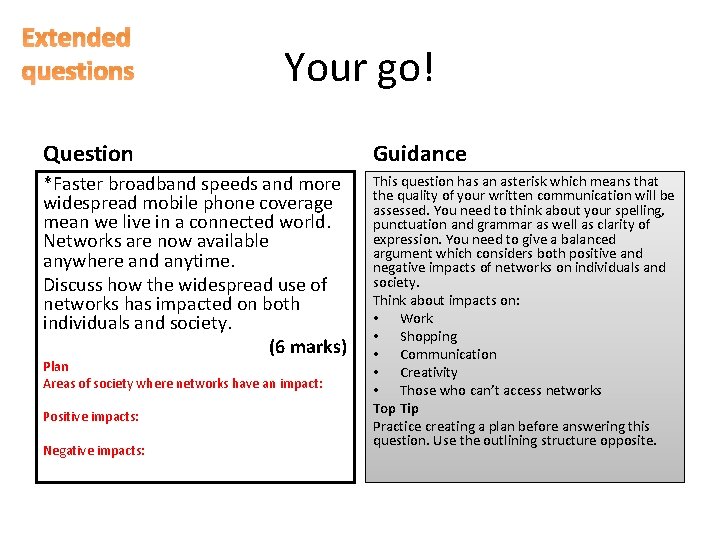 Extended questions Your go! Question Guidance *Faster broadband speeds and more widespread mobile phone