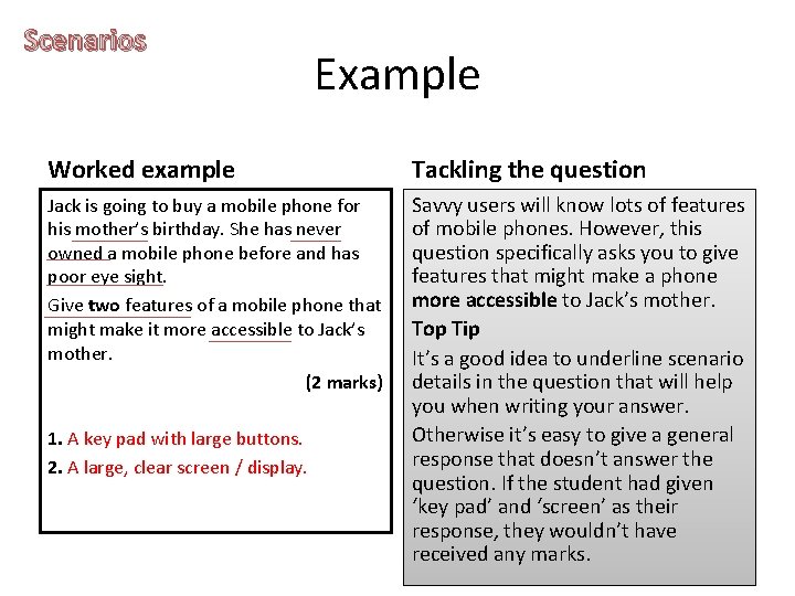 Scenarios Example Worked example Tackling the question Jack is going to buy a mobile