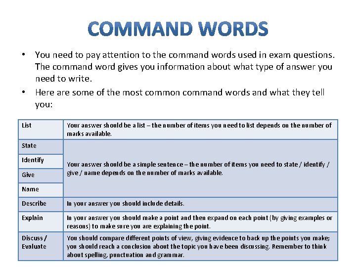 • You need to pay attention to the command words used in exam • You need to pay attention to the command words used in exam