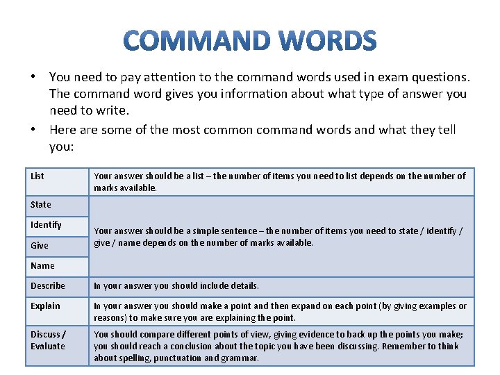  • You need to pay attention to the command words used in exam