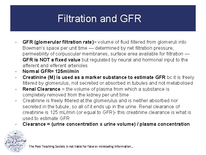 Filtration and GFR - - - GFR (glomerular filtration rate)= volume of fluid filtered