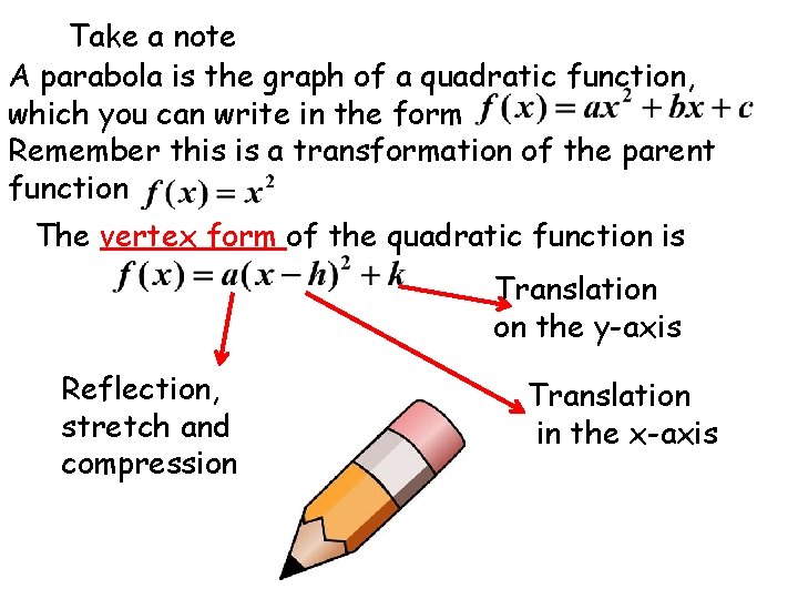 Take a note A parabola is the graph of a quadratic function, which you