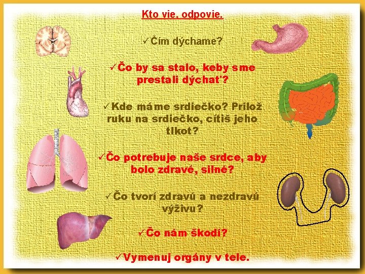 Kto vie, odpovie. üČím dýchame? üČo by sa stalo, keby sme prestali dýchať? üKde