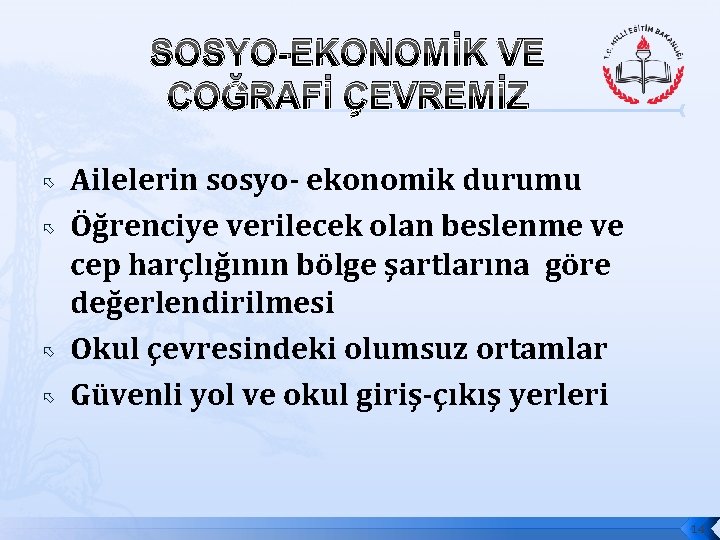 SOSYO-EKONOMİK VE COĞRAFİ ÇEVREMİZ Ailelerin sosyo- ekonomik durumu Öğrenciye verilecek olan beslenme ve cep