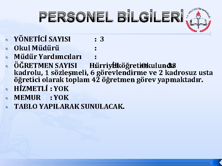 PERSONEL BİLGİLERİ YÖNETİCİ SAYISI : 3 Okul Müdürü : Müdür Yardımcıları : ÖĞRETMEN SAYISI