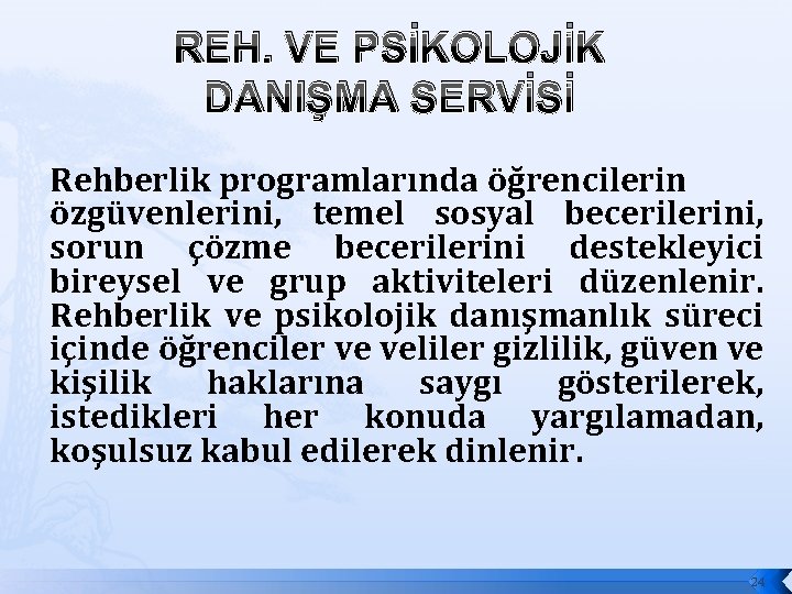 REH. VE PSİKOLOJİK DANIŞMA SERVİSİ Rehberlik programlarında öğrencilerin özgüvenlerini, temel sosyal becerilerini, sorun çözme