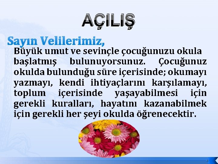 AÇILIŞ Sayın Velilerimiz, Büyük umut ve sevinçle çocuğunuzu okula başlatmış bulunuyorsunuz. Çocuğunuz okulda bulunduğu