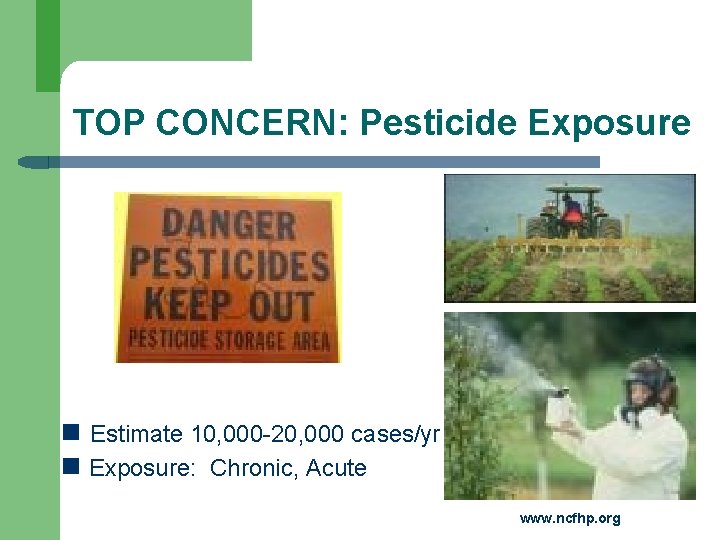 TOP CONCERN: Pesticide Exposure Estimate 10, 000 -20, 000 cases/yr Exposure: Chronic, Acute www.