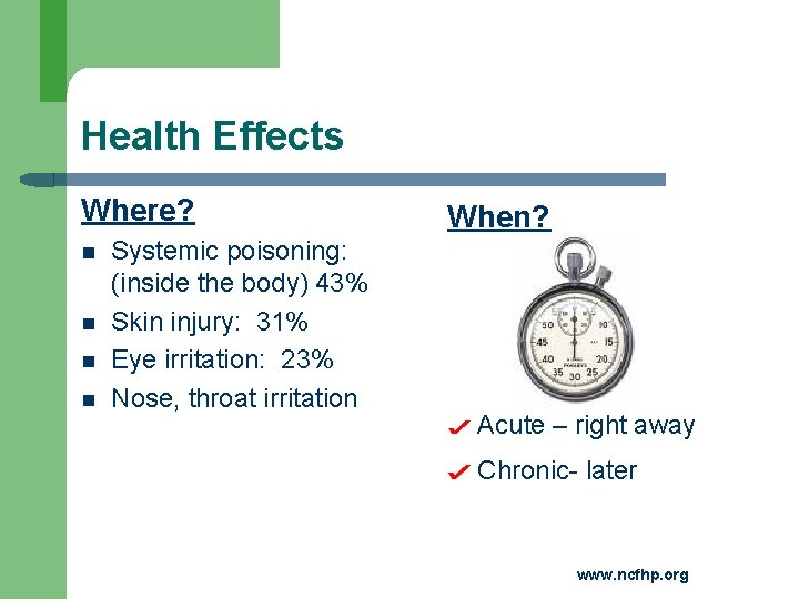 Health Effects Where? Systemic poisoning: (inside the body) 43% Skin injury: 31% Eye irritation: