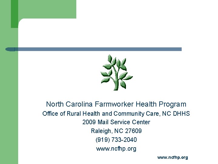 North Carolina Farmworker Health Program Office of Rural Health and Community Care, NC DHHS