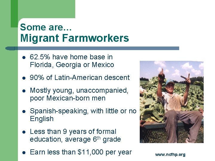 Some are… Migrant Farmworkers l 62. 5% have home base in Florida, Georgia or
