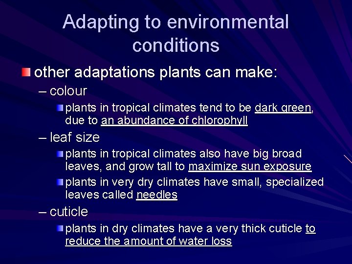 Adapting to environmental conditions other adaptations plants can make: – colour plants in tropical