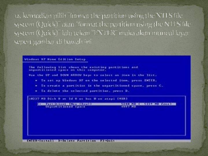 12. kemudian pilih "format the partition using the NTFS file system (Quick)" atau "format