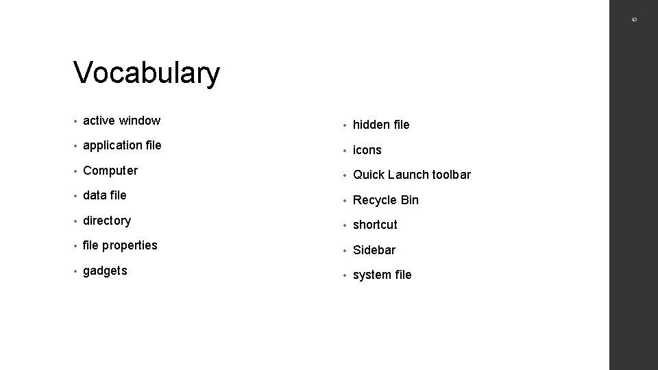 6 Vocabulary • active window • hidden file • application file • icons •