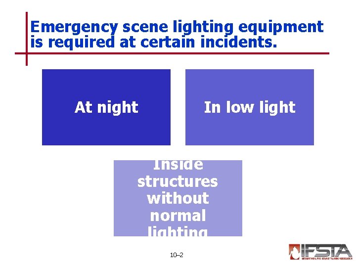 Emergency scene lighting equipment is required at certain incidents. At night In low light